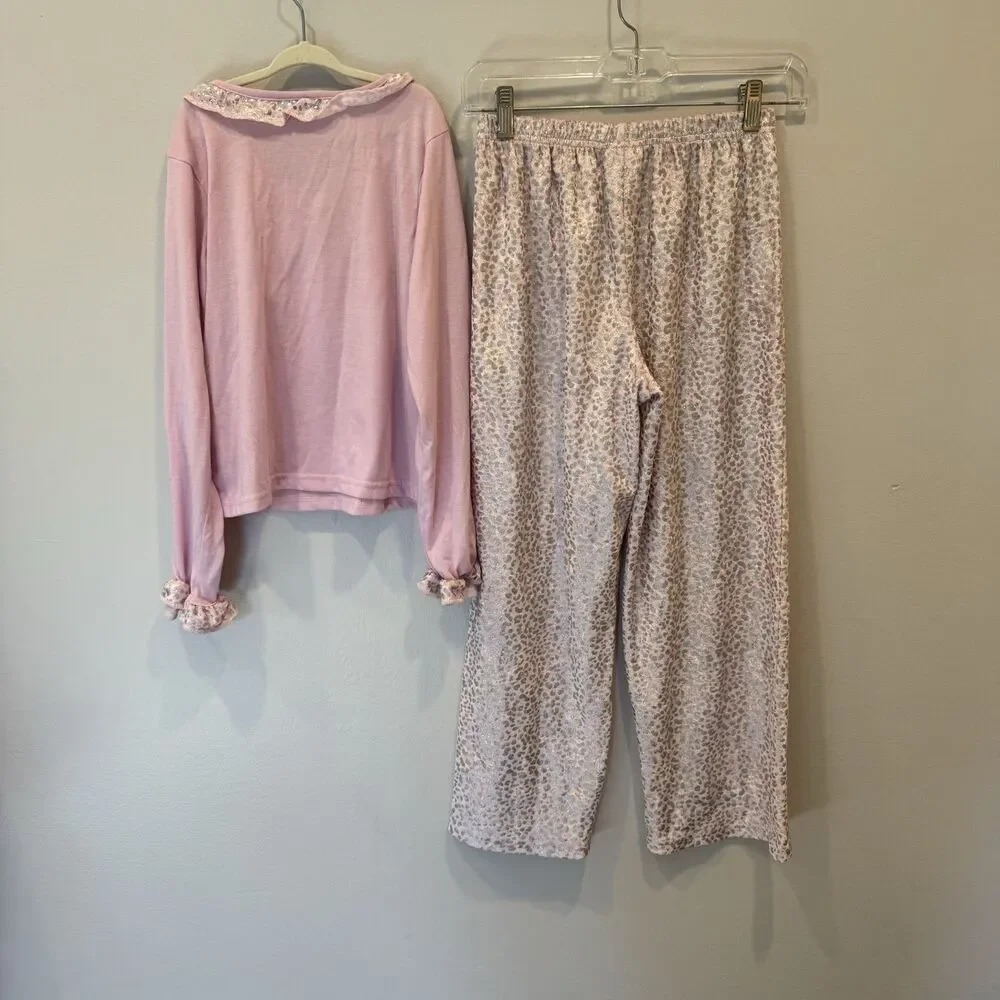 Vintage Y2K Total Girl Pajama Set Leopard Print Ruffle Pink Girls sz Large